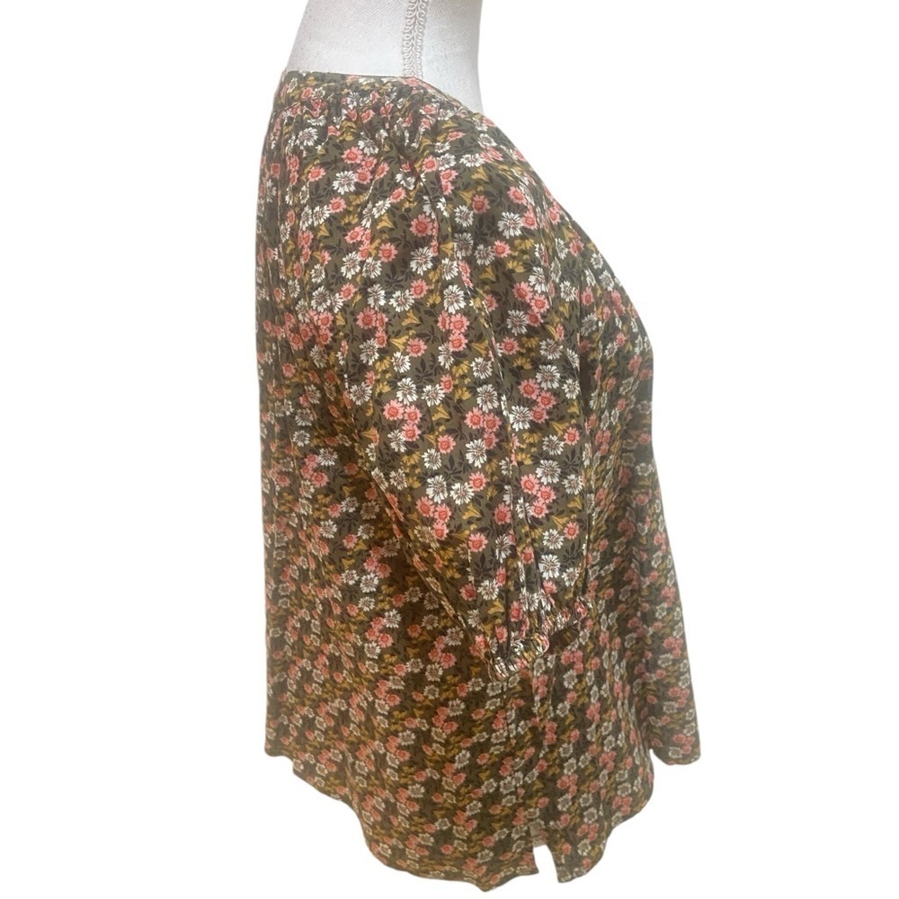 Loft olive peach floral peasant cotton blouse split neck puff sleeves medium - Picture 8 of 11